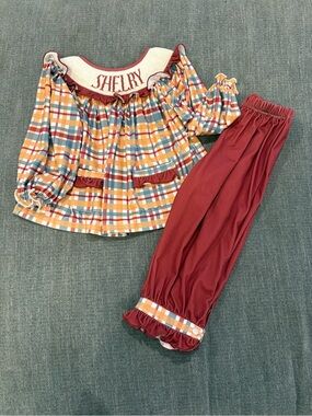 Kids Plaid Ruffle Pajama Set with Burgundy Pants - Personalized